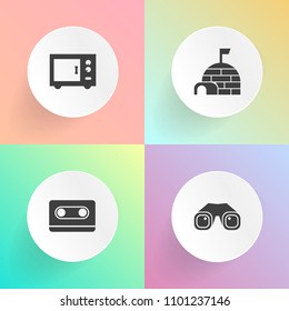 Modern, simple vector icon set on gradient backgrounds with record, igloo, ice, object, 80s, zoom, cassette, background, machine, mixer, watch, tape, travel, north, arctic, style, sound, vision icons