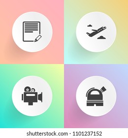Modern, simple vector icon set on gradient backgrounds with travel, writer, editor, departure, trip, web, transport, astronomy, handle, airport, television, airplane, telescope, camcorder, paper icons