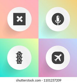 Modern, simple vector icon set on gradient backgrounds with plane, transportation, electric, road, silhouette, yellow, voice, air, urban, mic, transport, traffic, flight, sign, radio, record icons