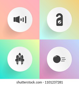 Modern, simple vector icon set on gradient backgrounds with galaxy, strike, bowling, music, shuttle, competition, hobby, technology, bowl, launch, volume, pin, leisure, motel, lane, sign, sport icons