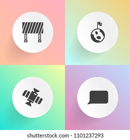 Modern, simple vector icon set on gradient backgrounds with speech, planet, orbit, shuttle, international, globe, message, dialog, travel, universe, exploration, nature, highway, transportation icons