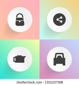 Modern, simple vector icon set on gradient backgrounds with beverage, transport, fashion, closeup, connection, espresso, technology, share, social, caffeine, bag, graphic, internet, drink, food icons