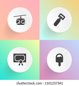 Modern, simple vector icon set on gradient backgrounds with vegetable, document, train, peel, blue, food, success, kitchen, certificate, diploma, railway, summer, cream, award, equipment, danger icons