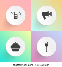 Modern, simple vector icon set on gradient backgrounds with contact, party, wine, loud, champagne, doughnut, beverage, celebration, loudspeaker, speaker, cookie, telephone, food, ice, sweet icons