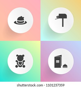 Modern, simple vector icon set on gradient backgrounds with clothing, brochure, mailbox, stuffed, delivery, cap, fluffy, animal, hat, childhood, paper, book, communication, single, post, box icons