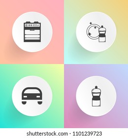 Modern, simple vector icon set on gradient backgrounds with speed, domestic, food, house, cooking, duster, mop, transportation, oven, transport, automotive, graphic, car, housework, sponge, home icons