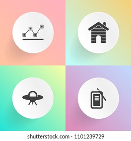 Modern, simple vector icon set on gradient backgrounds with city, spacecraft, report, art, suzuri, paintbrush, concept, culture, real, artist, house, technology, black, ufo, business, tool, sign icons