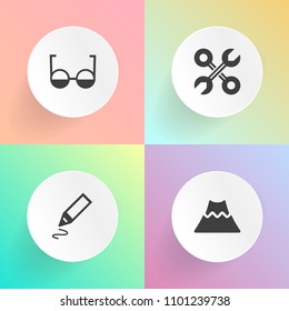 Modern, simple vector icon set on gradient backgrounds with industrial, lens, modern, smoke, spectacles, eye, service, optical, tool, volcanic, crater, eyeglasses, travel, school, office, marker icons