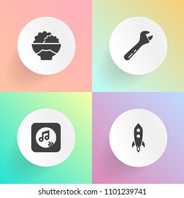 Modern, simple vector icon set on gradient backgrounds with graphic, note, seed, agriculture, black, food, key, speed, repair, grain, spaceship, cereal, screwdriver, shuttle, melody, technology icons