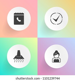 Modern, simple vector icon set on gradient backgrounds with marriage, sign, celebration, love, happy, cooking, correct, contact, check, hood, dress, appliance, household, bride, business, groom icons