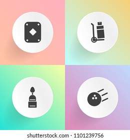 Modern, simple vector icon set on gradient backgrounds with ball, cake, fun, weight, cargo, gambling, bakery, doughnut, pastry, pin, recreation, hobby, strike, black, breakfast, cupcake, truck icons