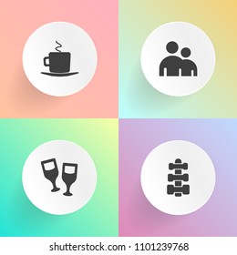 Modern, simple vector icon set on gradient backgrounds with person, mocha, beverage, liquid, man, business, celebration, merlot, espresso, training, mug, latte, sign, red, health, cafe, sport icons