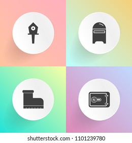 Modern, simple vector icon set on gradient backgrounds with safe, wear, post, style, bird, letter, fashion, business, spring, currency, home, box, email, garden, mail, house, bank, communication icons