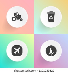 Modern, Simple Vector Icon Set On Gradient Backgrounds With Airplane, Field, Industry, Travel, Environment, Air, Tractor, Audio, Machinery, Aircraft, Music, Transportation, Agriculture, Sign Icons