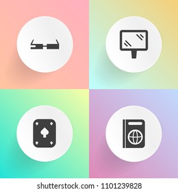 Modern, simple vector icon set on gradient backgrounds with identification, travel, gamble, identity, technology, journey, device, element, card, vacation, tourism, poker, city, media, win icons