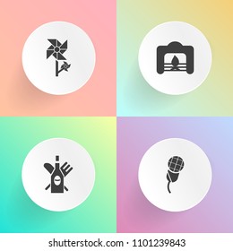 Modern, simple vector icon set on gradient backgrounds with concert, bottle, floral, summer, fire, merlot, glass, music, performance, voice, liquid, home, wineglass, radio, bloom, spring, speech icons