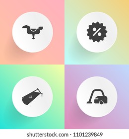Modern, simple vector icon set on gradient backgrounds with research, percent, coupon, sale, science, chemistry, house, price, carpet, housework, game, graphic, chemical, shop, element, tool icons