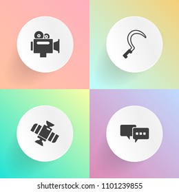 Modern, simple vector icon set on gradient backgrounds with rocket, handle, star, dialogue, agriculture, work, dialog, video, spaceship, international, earth, bubble, shuttle, space, camcorder icons