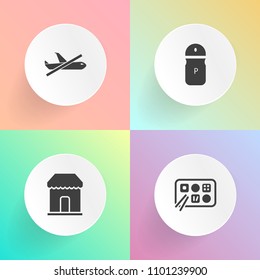 Modern, simple vector icon set on gradient backgrounds with transportation, cart, restaurant, market, ingredient, meal, salt, gift, chinese, luggage, lunch, menu, airplane, dinner, kitchen, eat icons