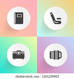 Modern, simple vector icon set on gradient backgrounds with instrument, notebook, music, traditional, player, cinema, match, object, background, film, web, business, team, classic, batsman, book icons