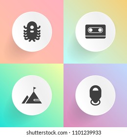 Modern, simple vector icon set on gradient backgrounds with navigation, monster, location, cassette, travel, humanoid, sound, old, spaceship, summer, pin, extraterrestrial, mountain, web, gps icons