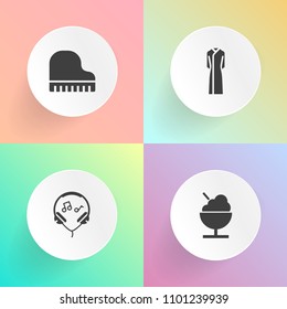 Modern, simple vector icon set on gradient backgrounds with sound, instrument, listen, snack, dessert, entertainment, piano, sweet, cold, cream, headset, headphone, technology, female, keyboard icons