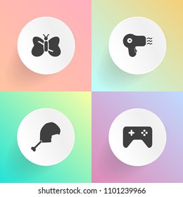 Modern, simple vector icon set on gradient backgrounds with fly, barber, gaming, sign, nature, dryer, white, insect, game, control, animal, summer, wing, collection, beauty, button, digital, air icons