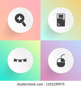 Modern, simple vector icon set on gradient backgrounds with search, bunting, decoration, optical, mouse, input, lens, fun, web, travel, furniture, zoom, background, happy, collection, event, pc icons
