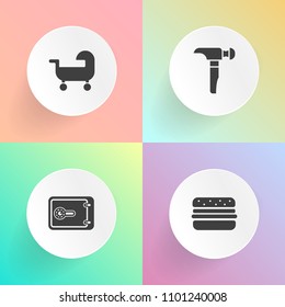 Modern, Simple Vector Icon Set On Gradient Backgrounds With Snack, Hamburger, Baby, Lunch, Repair, Construction, Bread, Safe, Pram, Eat, Kid, Fast, Meal, Money, Screwdriver, Work, Family, Wealth Icons