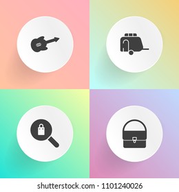 Modern, simple vector icon set on gradient backgrounds with searching, female, acoustic, lifestyle, tram, railway, fashion, transport, string, travel, clothing, guitar, style, sound, song, store icons