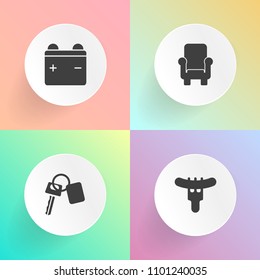 Modern, simple vector icon set on gradient backgrounds with alarm, lock, charger, meal, full, key, battery, auto, delicious, eat, unlock, armchair, home, energy, barbecue, new, lunch, control icons