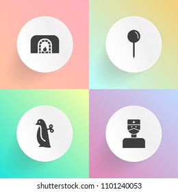 Modern, simple vector icon set on gradient backgrounds with interior, wood, bird, penguin, animal, home, white, medical, happy, pointer, emergency, baby, surgeon, location, child, doctor, red icons