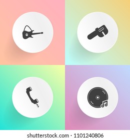 Modern, simple vector icon set on gradient backgrounds with repair, sound, jazz, electric, vinyl, album, button, instrument, connection, microphone, media, sign, tool, wrench, service, work, saw icons