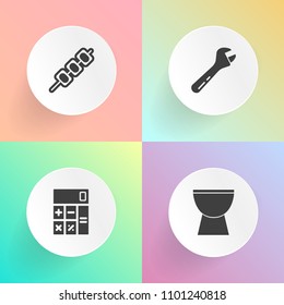 Modern, simple vector icon set on gradient backgrounds with grilled, shish, construction, office, instrument, work, sound, finance, food, object, financial, acoustic, display, music, spanner icons