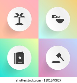 Modern, simple vector icon set on gradient backgrounds with exotic, authority, hammer, law, restaurant, court, tropical, natural, interests, sign, criminal, leaf, red, cuisine, idea, plant, want icons