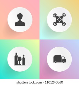 Modern, simple vector icon set on gradient backgrounds with alcohol, restaurant, helicopter, transport, service, wine, transportation, sign, vehicle, business, account, delivery, aerial, user icons