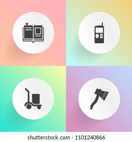 Modern, simple vector icon set on gradient backgrounds with screen, book, old, cargo, telephone, cell, industry, education, logistic, library, paper, sign, cellular, call, cellphone, blade, page icons