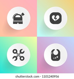 Modern, simple vector icon set on gradient backgrounds with renovation, passion, day, child, house, childhood, telescope, construction, repair, nursery, heart, astronomy, reparation, play, kid icons