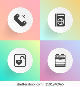 Modern, simple vector icon set on gradient backgrounds with padlock, protection, electric, stamp, secure, journey, travel, identification, outgoing, house, stove, visa, cooking, business, safe icons