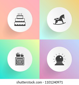 Modern, simple vector icon set on gradient backgrounds with sugar, cook, domestic, cooking, magical, appliance, fantasy, pie, hat, sweet, house, toy, delicious, kid, wood, cake, witchcraft, baby icons