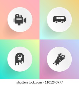 Modern, simple vector icon set on gradient backgrounds with futuristic, decoration, traffic, gift, blossom, street, science, alien, flower, humanoid, character, creature, monster, camcorder, ufo icons
