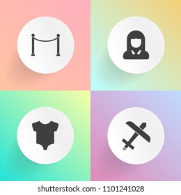 Modern, simple vector icon set on gradient backgrounds with travel, beautiful, female, portrait, small, fly, cute, fence, infant, clothing, woman, beauty, boy, wooden, jet, fashion, pretty, sky icons