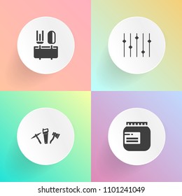 Modern, simple vector icon set on gradient backgrounds with jam, saw, sweet, restaurant, concept, dinner, construction, sound, lunch, spoon, menu, background, work, food, screwdriver, kitchen icons