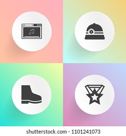 Modern, simple vector icon set on gradient backgrounds with heel, hat, foot, black, technology, worker, white, first, win, head, clothing, trophy, network, award, boot, fashion, digital, sign icons
