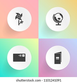 Modern, simple vector icon set on gradient backgrounds with mail, flower, document, pink, travel, globe, planet, bloom, nature, spring, earth, communication, envelope, web, email, element, map icons
