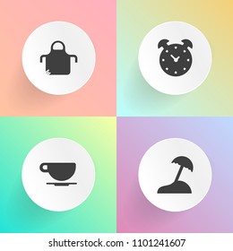 Modern, simple vector icon set on gradient backgrounds with cook, watch, clock, mocha, beverage, tropical, protective, beach, apparel, apron, ocean, tree, chef, timer, palm, time, object, summer icons
