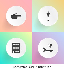 Modern, simple vector icon set on gradient backgrounds with travel, house, building, cuisine, healthy, sun, holiday, vegetable, sunny, meat, champagne, structure, wine, diet, pot, homemade, meal icons