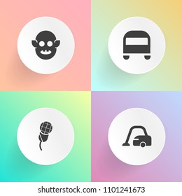 Modern, simple vector icon set on gradient backgrounds with cleaner, record, household, transportation, science, road, ufo, bus, vehicle, music, vacuum, speech, studio, tool, passenger, monster icons