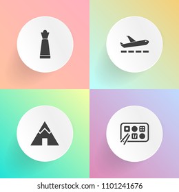 Modern, simple vector icon set on gradient backgrounds with rook, outdoor, airport, queen, landscape, plane, green, transport, tourism, competition, vacation, play, travel, tent, black, hiking icons