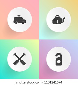 Modern, simple vector icon set on gradient backgrounds with boat, old, cup, paddle, closed, teapot, canoe, little, hotel, oar, motel, toy, drink, water, rowing, kayak, cute, car, play, quiet, do icons